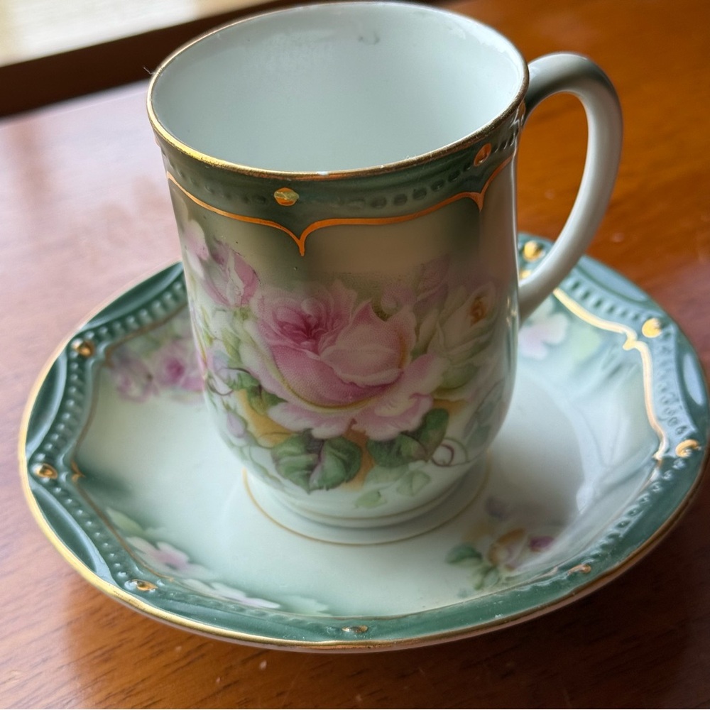 Vintage Chocolate Demitasse Cup & Saucer P.K. Silesia Germany Pink Roses